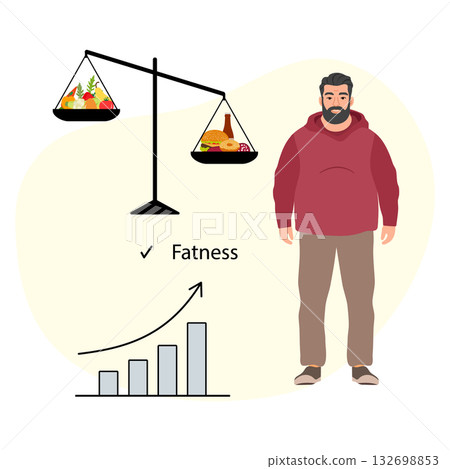 Weight management concept with man in casual wear and balanced food scale illustration Weight management concept with man in casual wear and balanced food scale illustration 132698853