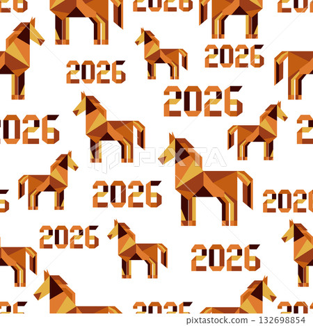 Geometric horse pattern with numbers 2026 in seamless design, suitable for background or decor 132698854