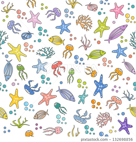 Colorful sea creatures pattern with starfish, fish, jellyfish, and corals on white background 132698856