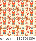 Christmas pattern with gingerbread cookies, candy canes, gifts, and festive ornaments 132698860