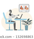 Robot analyzing digital heart data on laptop in office setting, suitable for healthcare theme 132698863