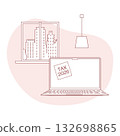 Laptop with tax 2026 message on screen, window and lamp in urban apartment illustration 132698865