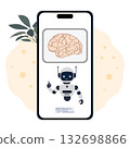 Robot on smartphone screen with brain image and abstract background for technology concept 132698866