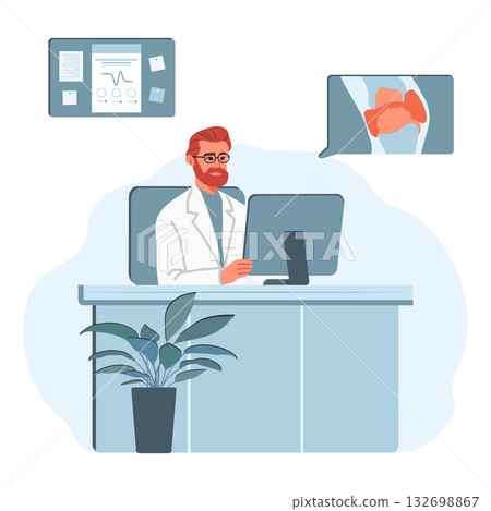 Doctor studying knee x-ray at desk with computer, plant, and medical charts in clinical office 132698867