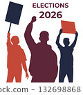 Elections 2026 silhouette illustration showing people holding signs and raising fists. 132698868