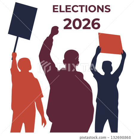 Elections 2026 silhouette illustration showing people holding signs and raising fists. 132698868