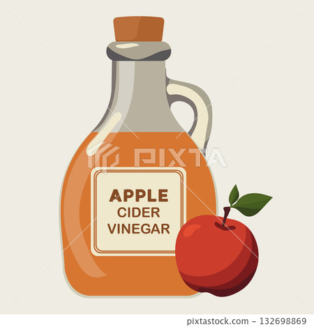 Apple cider vinegar bottle with a whole red apple on a light background Apple cider vinegar bottle with a whole red apple on a light background 132698869