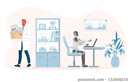 Robot replaces employee in office setting, human holding box of personal belongings 132698870