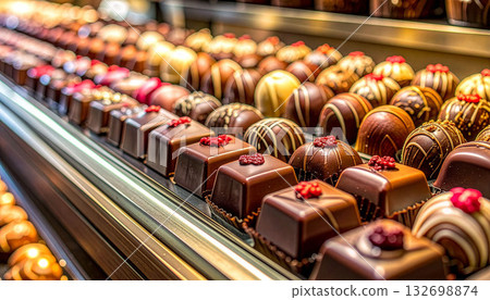 Chocolates lined up in a store showcase Chocolates lined up in a store showcase 132698874