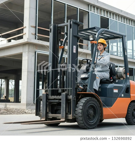 Female worker driving a forklift Female worker driving a forklift 132698892