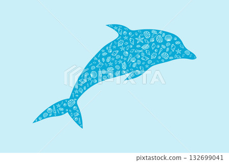 Blue silhouette of dolphin filled with colorful sea shells design against a light blue background, used for wallpaper, background, and other decorative purposes. Blue silhouette of dolphin filled with colorful sea shells design against a light blue background, used for wallpaper, background, and other decorative purposes. 132699041
