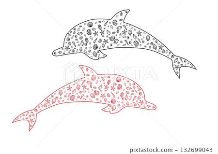 Black and red silhouette of a dolphin filled with sea shells line art design against a black background, used for wallpaper, background, and other decorative purposes. 132699043