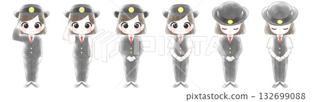 一組可愛的水彩插畫，描繪了車站女工作人員。 132699088