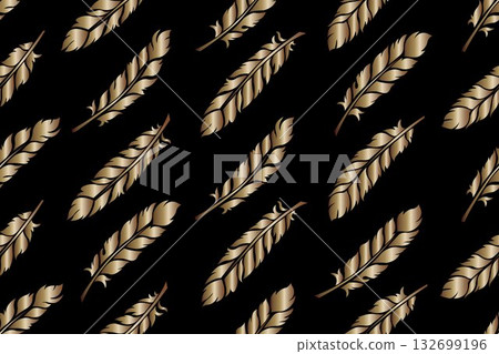 Seamless pattern of stylized golden feathers on black background, suitable for fabrics, wallpaper, or other decorative application.  132699196