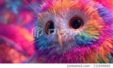 一隻毛茸茸的彩虹色貓頭鷹的精美3D藝術作品 一隻毛茸茸的彩虹色貓頭鷹的精美3D藝術作品 132699660