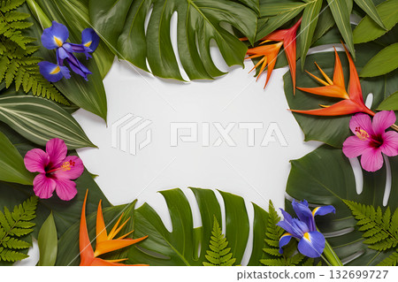 Tropical frame of exotic flowers and leaves on a white background. Top view. 132699727