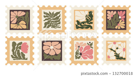 Retro Floral Postage Stamp Set. Vintage Square Patterns Flowers and leaves in Pastel Colors. Isolated Naive Hand Drawing. Vector illustration. Not generated by AI 132700018