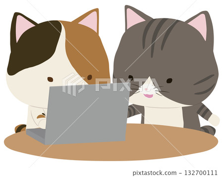 A calico cat operating a laptop and a tabby cat teaching A calico cat operating a laptop and a tabby cat teaching 132700111