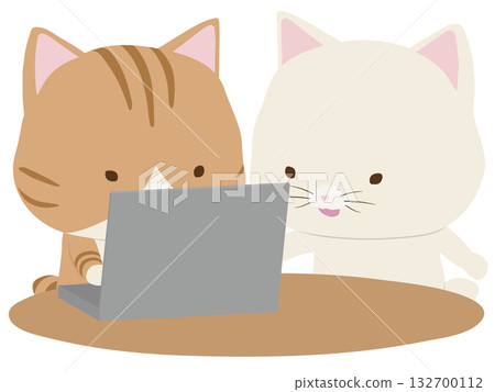一隻棕色虎斑貓在操作筆記型電腦,一隻白色貓在教學 一隻棕色虎斑貓在操作筆記型電腦,一隻白色貓在教學 132700112