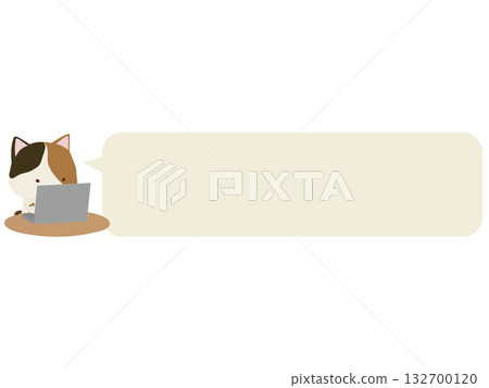 Calico cat operating a laptop. With speech bubble Calico cat operating a laptop. With speech bubble 132700120