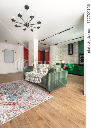 Modern Open-Plan Living Room with Green Sofa and Colorful Rug Modern Open-Plan Living Room with Green Sofa and Colorful Rug 132700196