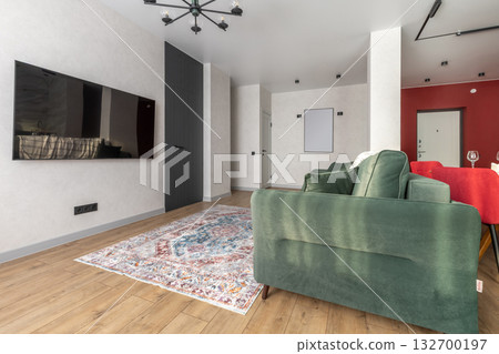 Modern Living Room Interior with Green Sofa and TV on Wall Modern Living Room Interior with Green Sofa and TV on Wall 132700197