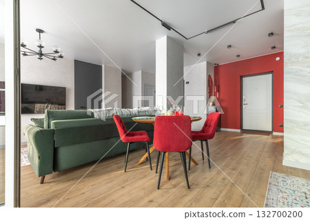 Modern Open Space Interior with Red and Green Accents 132700200