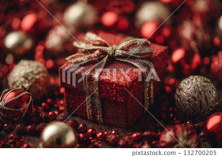Christmas Background with red gift box with gold ribbon surrounded by sparkling ornaments and festive decorations creating a warm and joyful Christmas and New Year atmosphere. 132700205