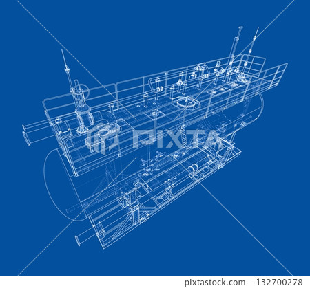 Submarine Blueprint on Blue Background. Vector 132700278