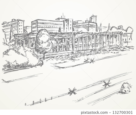 Vector illustration of a building destroyed by an explosion. Vector illustration of a building destroyed by an explosion. 132700301