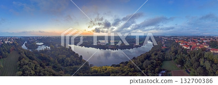 Aerial view of River Adda near Milan at sunrise 132700386