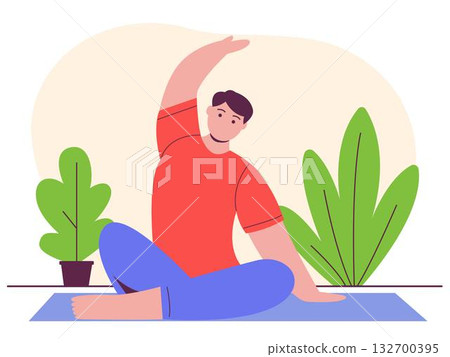 Man doing side bend stretch or yoga pose. 132700395