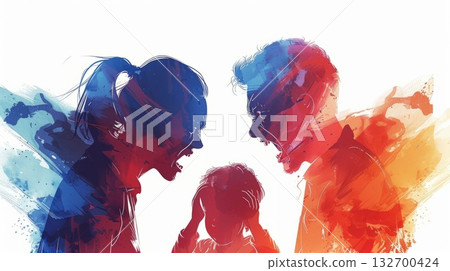 Emotional confrontation between parents with child in the center on a white background. Concept of divorce, misunderstanding in family. Emotional confrontation between parents with child in the center on a white background. Concept of divorce, misunderstanding in family. 132700424