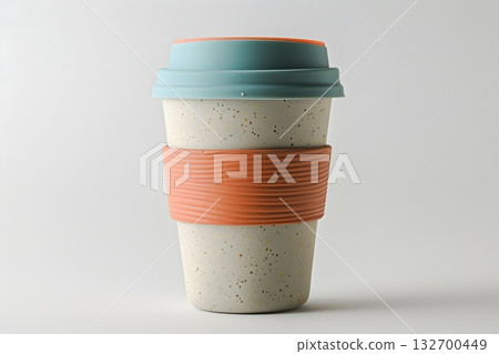 Mint and beige reusable travel mug with ribbed silicone sleeve; minimal studio still life for eco lifestyle. 132700449