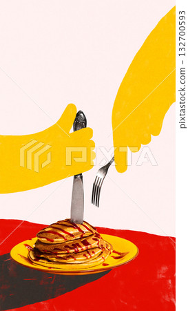 Graphic composition. Yellow hands cutting pancakes with syrup on red table 132700593