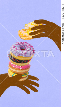 Creative collage. Brown hands holding stack of colorful donuts on purple background 132700611