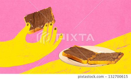 Minimalist pop art collage. Yellow hands holding chocolate spread toast on pink background 132700615