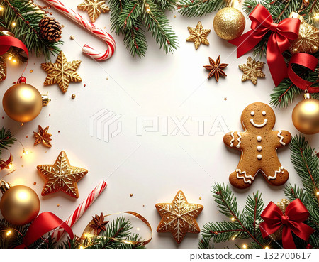Flat lay background of red and gold Christmas ornaments and a gingerbread man (on a white background with copy space) Flat lay background of red and gold Christmas ornaments and a gingerbread man (on a white background with copy space) 132700617