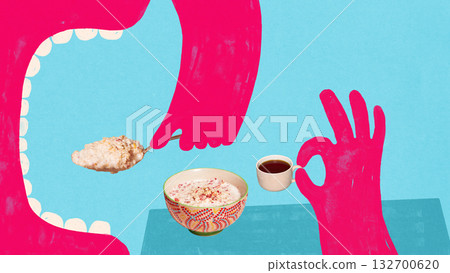 Collage art. Pink hands eating oatmeal with coffee and simple morning setting Collage art. Pink hands eating oatmeal with coffee and simple morning setting 132700620