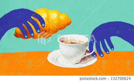 Creative collage. Morning coffee with croissant and playful blue hands Creative collage. Morning coffee with croissant and playful blue hands 132700624