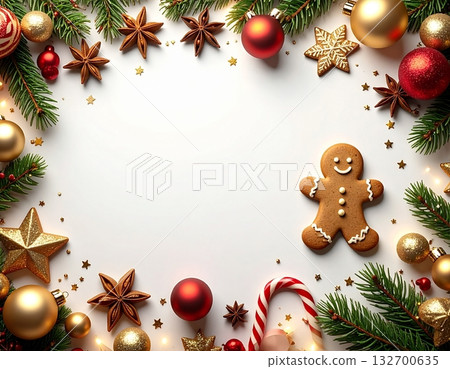 紅色和金色的聖誕節平鋪背景，配有薑餅人和拐杖糖 132700635
