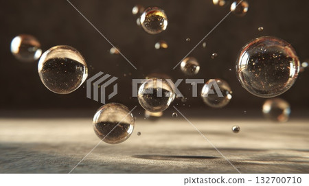Transparent clear liquid bubbles, macro shot of floating spheres over a stone surface. Abstract science or cosmetic background with light reflection. Transparent clear liquid bubbles, macro shot of floating spheres over a stone surface. Abstract science or cosmetic background with light reflection. 132700710