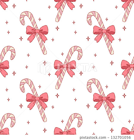 Seamless Pattern with Coquette Candy Canes and Bows 132701056