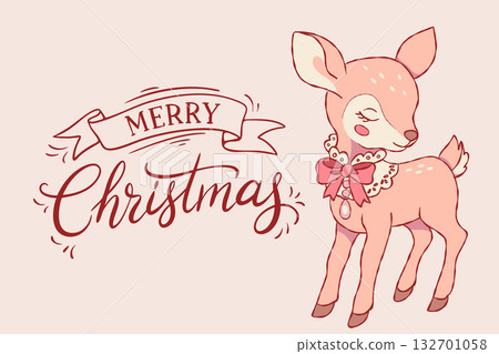 Merry Christmas Banner with Cute Deer in Coquette Style 132701058