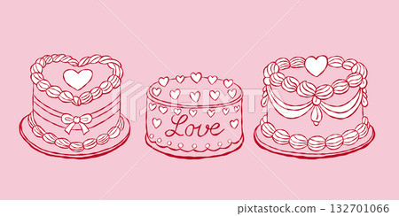 Three romantic cakes in red outline style Three romantic cakes in red outline style 132701066