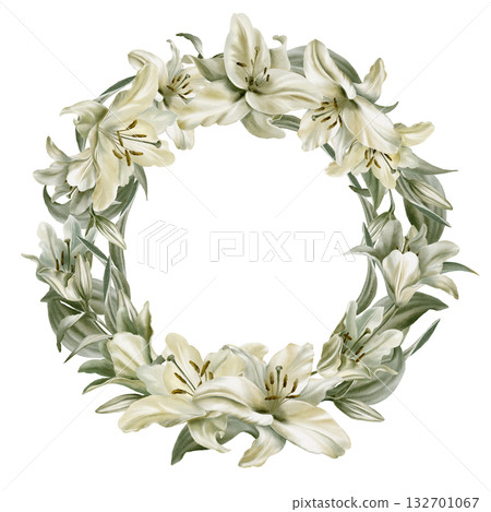 White lilies with leaves arranged in a round wreath base,symbolizing purity,innocence,communion and marriage.Hand drawn watercolor illustration for church ceremonies,advertisements 132701067