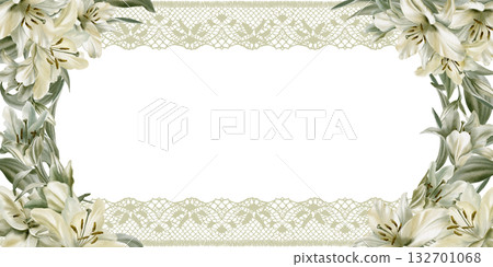 White lilies with leaves in cemicircular rectangular frame symbolizing purity,innocence,holiness communion.Hand drawn watercolor illustration for chapel ceremonies,advertisements 132701068