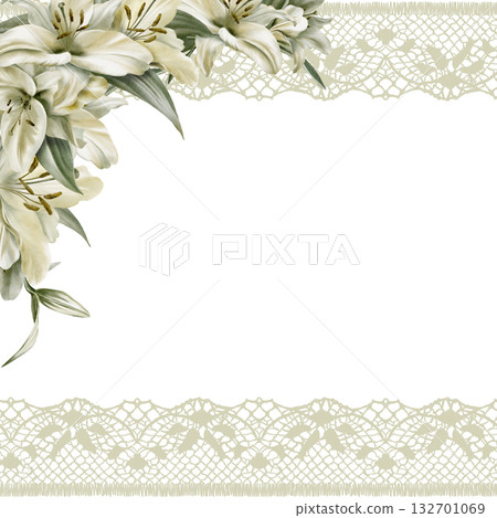 White lily flower and openwork lace ribbon as a symbol of grief and sorrow.Grace in its solitude and peace.Hand drawn watercolor square template for funeral,baptism,communion,wedding,church ceremonies 132701069