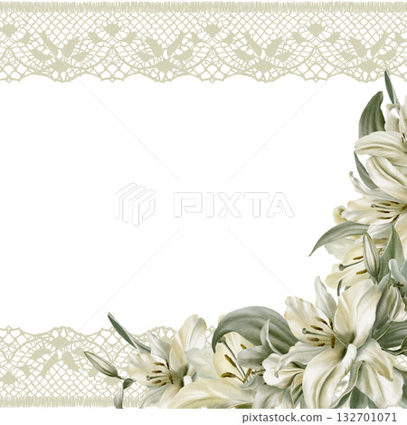 White lilies with leaves arranged in a round wreath base,symbolizing purity,innocence,communion and marriage.Hand drawn watercolor illustration for church ceremonies,advertisements 132701071