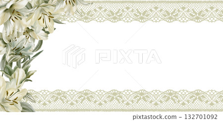 White lilies with leaves,openwork lace ribbon in horisontal template,symbolizing purity,innocence,communion and marriage.Hand drawn watercolor illustration for church ceremonies,advertisements White lilies with leaves,openwork lace ribbon in horisontal template,symbolizing purity,innocence,communion and marriage.Hand drawn watercolor illustration for church ceremonies,advertisements 132701092